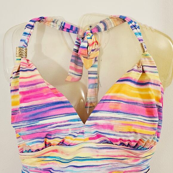 Lauren Ralph Lauren Pastel Striped One Piece Halter Ruched Swimsuit EUC 16W - Picture 2 of 11